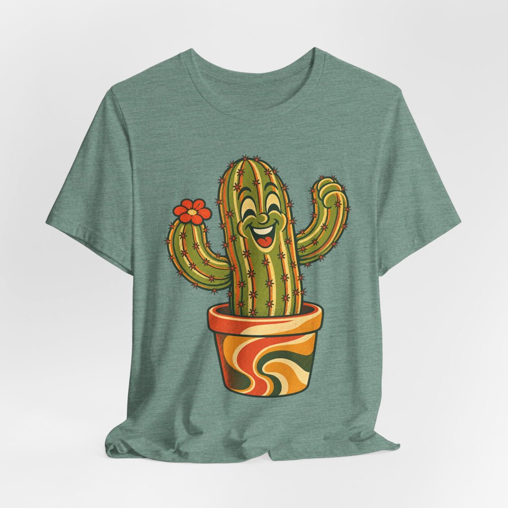 Happy Cactus Retro 70s T-Shirt in White - retro 70s cartoon happy cactus plant graphic tee, Barely Outdoorsy