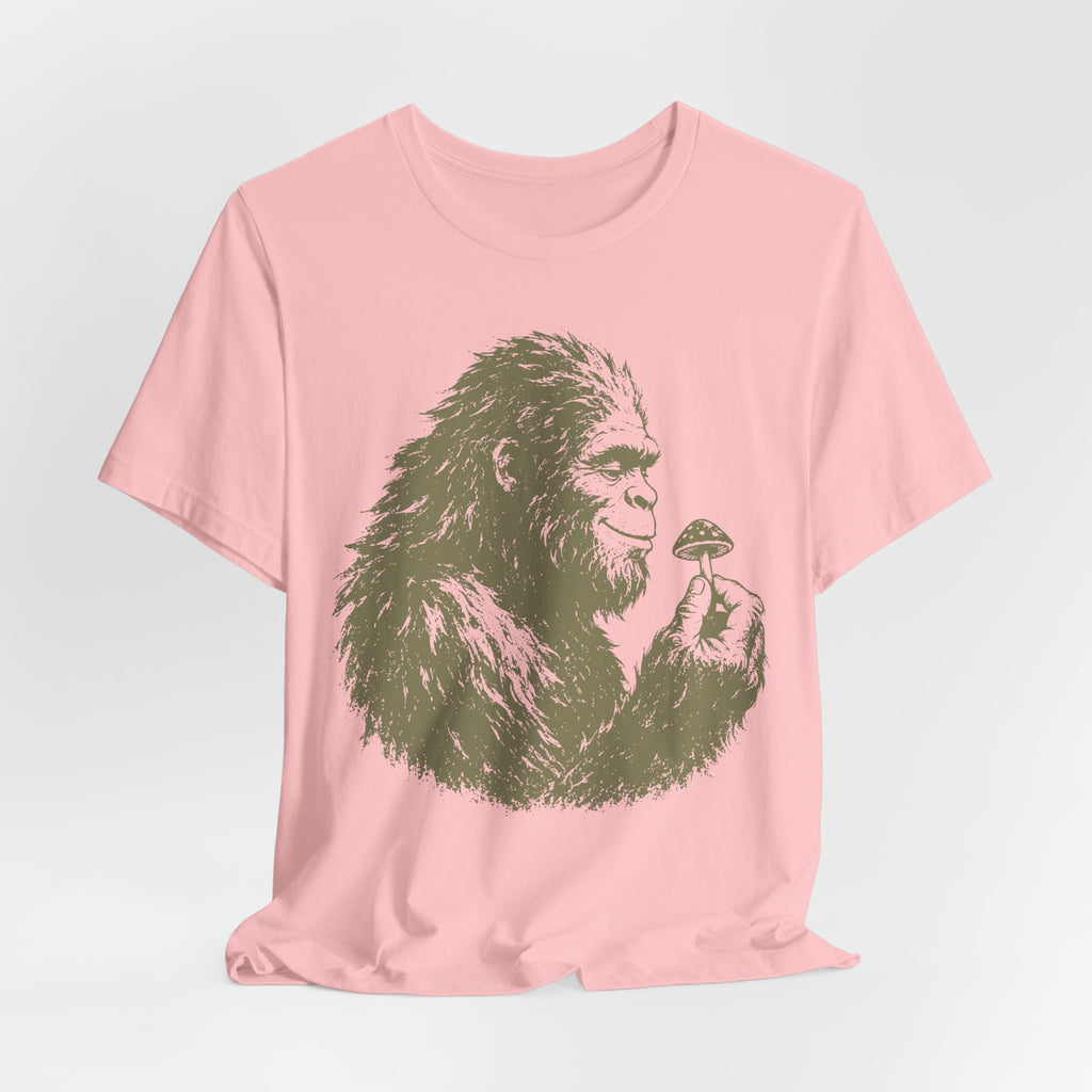 Barely Outdoorsy Bigfoot mushroom tee flat lay crew neck unisex