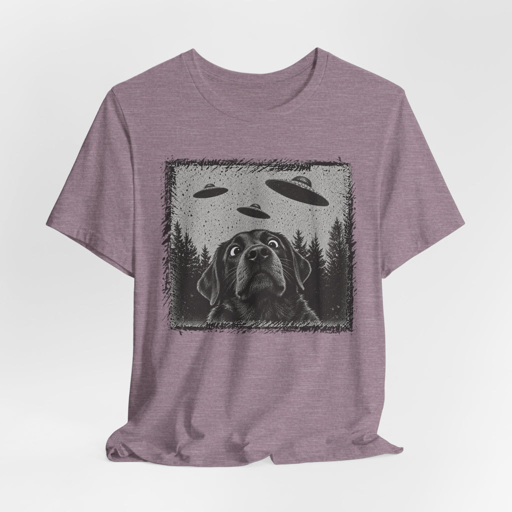Black Lab UFO T-Shirt in Vintage White - funny black lab UFO graphic tee, Barely Outdoorsy Bella Canvas