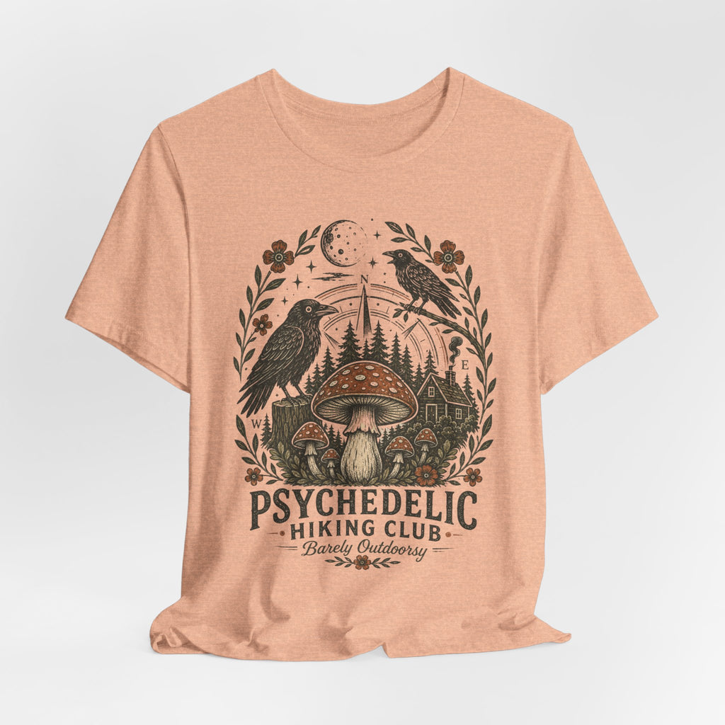 Psychedelic Hiking Club Tee in White - dark cottagecore mushroom crow hiking shirt, Barely Outdoorsy