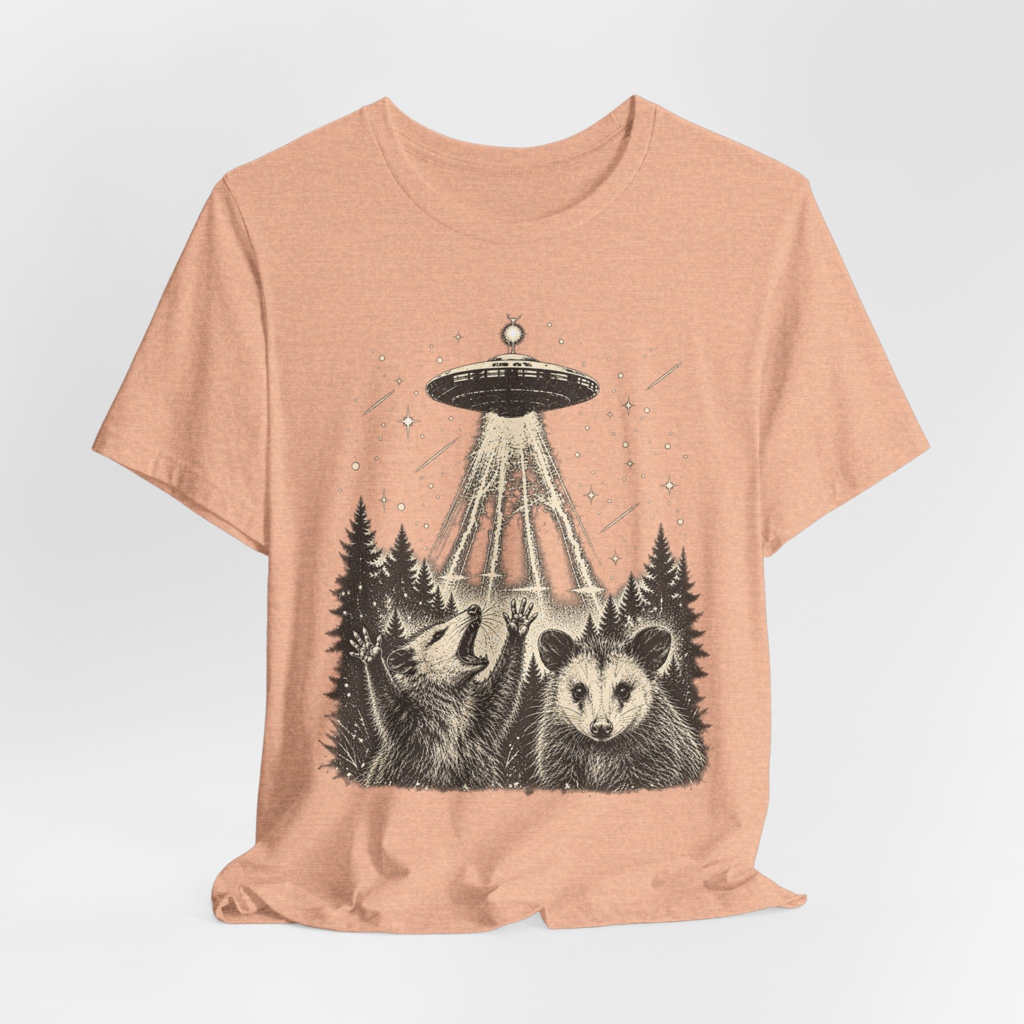 UFO Opossum Abduction T-Shirt in Black Heather - funny alien opossum abduction graphic tee, Barely Outdoorsy
