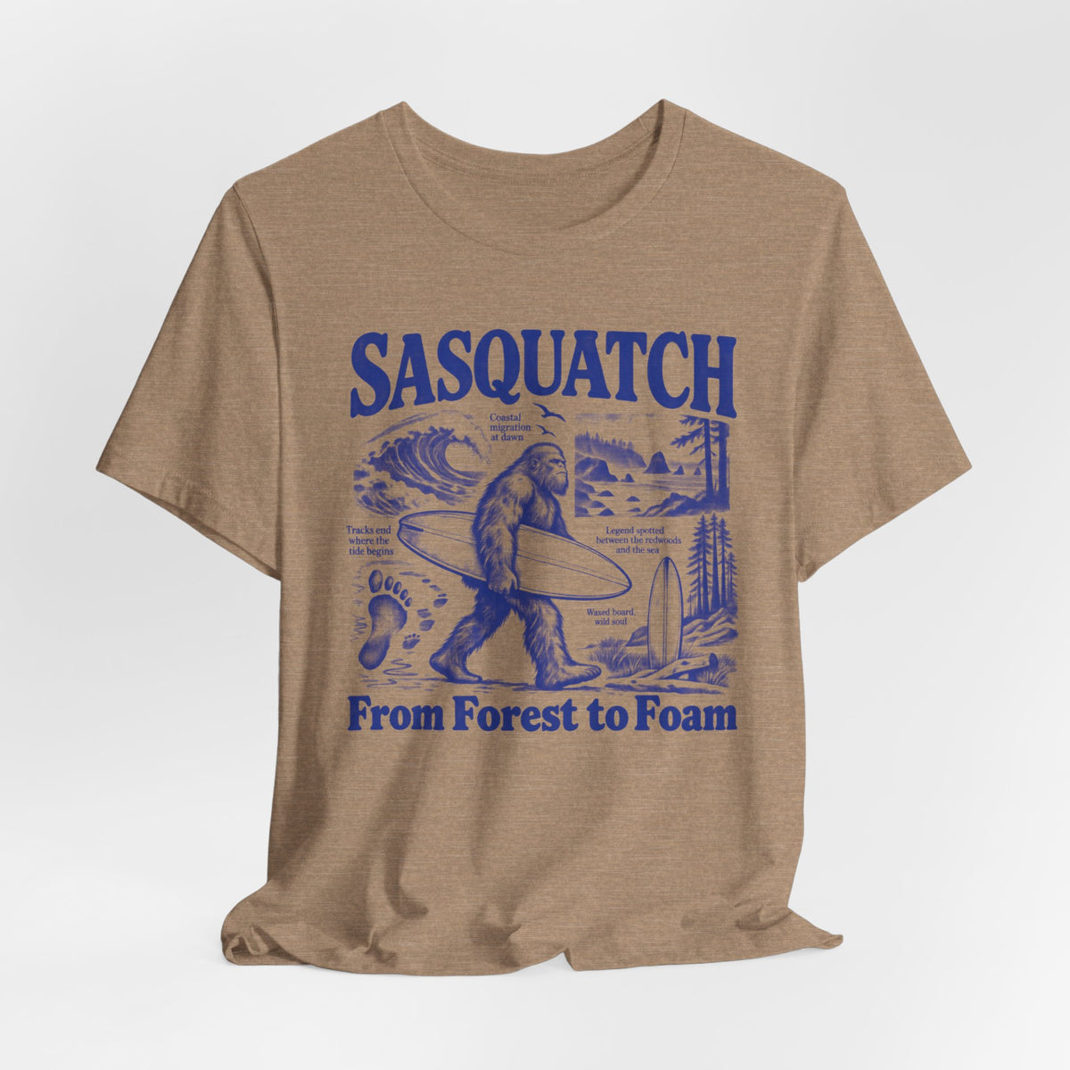 Sasquatch From Forest to Foam Tee flat lay Heather Green - unisex crew neck Sasquatch surf graphic tee, Barely Outdoorsy
