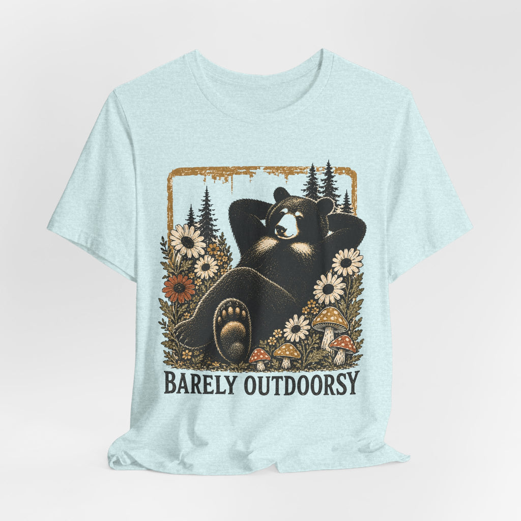 Barely Outdoorsy Lounging Bear T-Shirt in Heather Peach worn shot - funny lazy bear humor shirt, Barely Outdoorsy Bella Canvas 3001