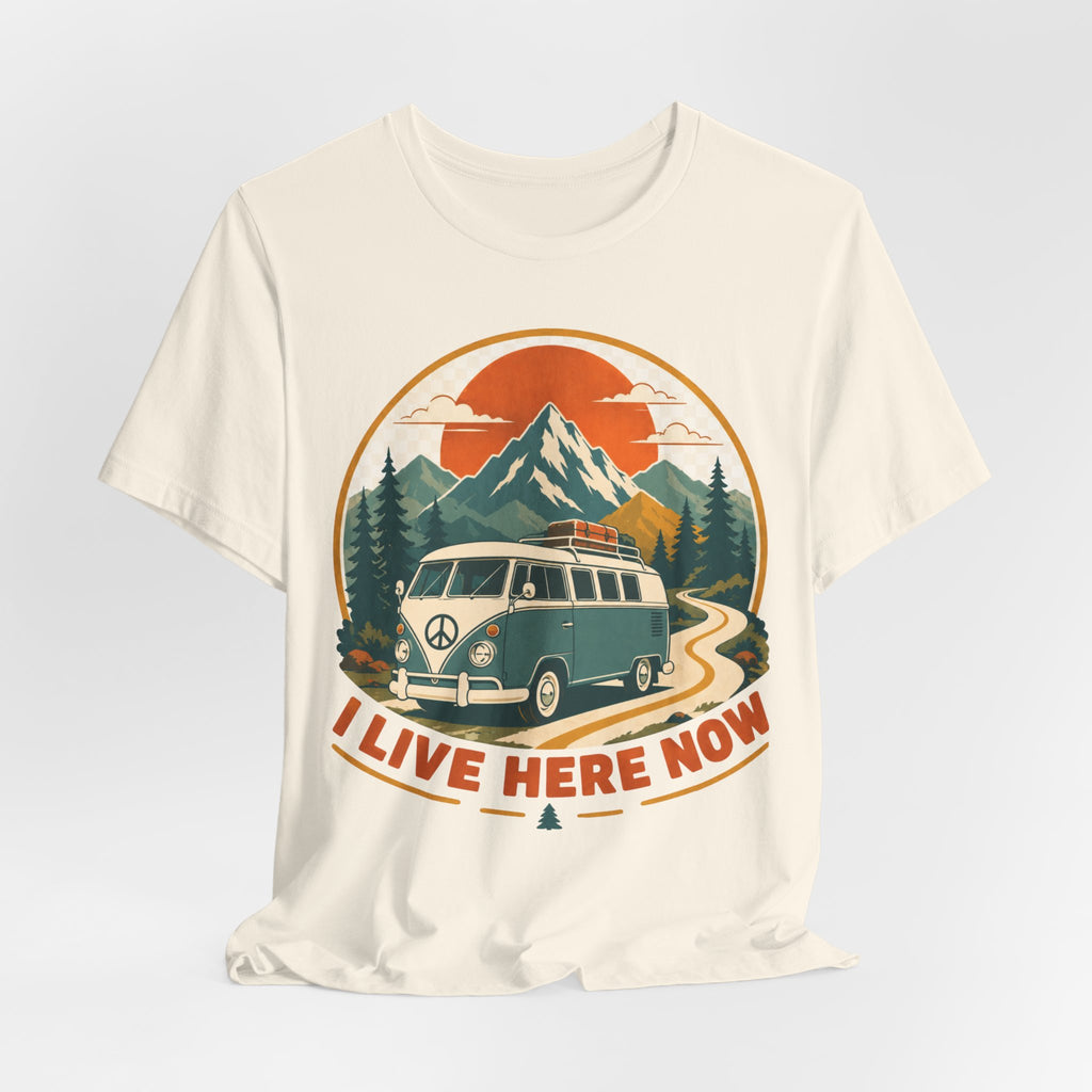 I Live Here Now Tee in Navy - vintage van life mountain sunset humor shirt, Barely Outdoorsy
