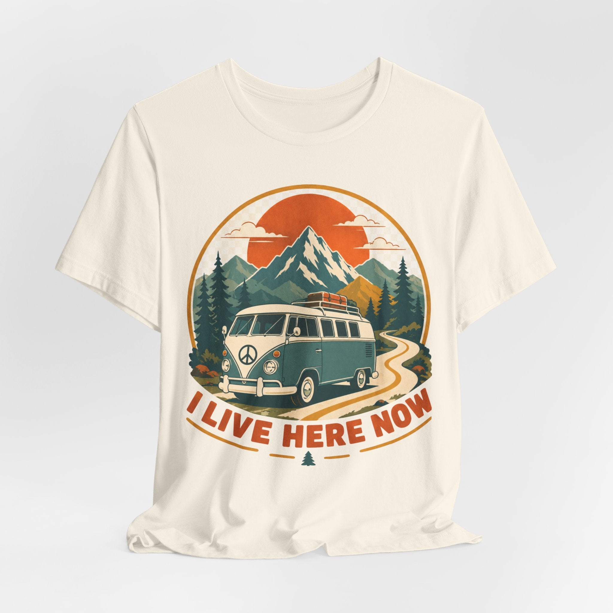 I Live Here Now Tee in Navy - vintage van life mountain sunset humor shirt, Barely Outdoorsy