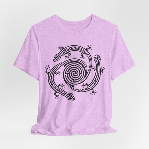 Spiral Lizards Southwest Petroglyph T-Shirt in Athletic Heather - Southwest petroglyph lizard spiral graphic tee, Barely Outdoorsy Bella Canvas 3001