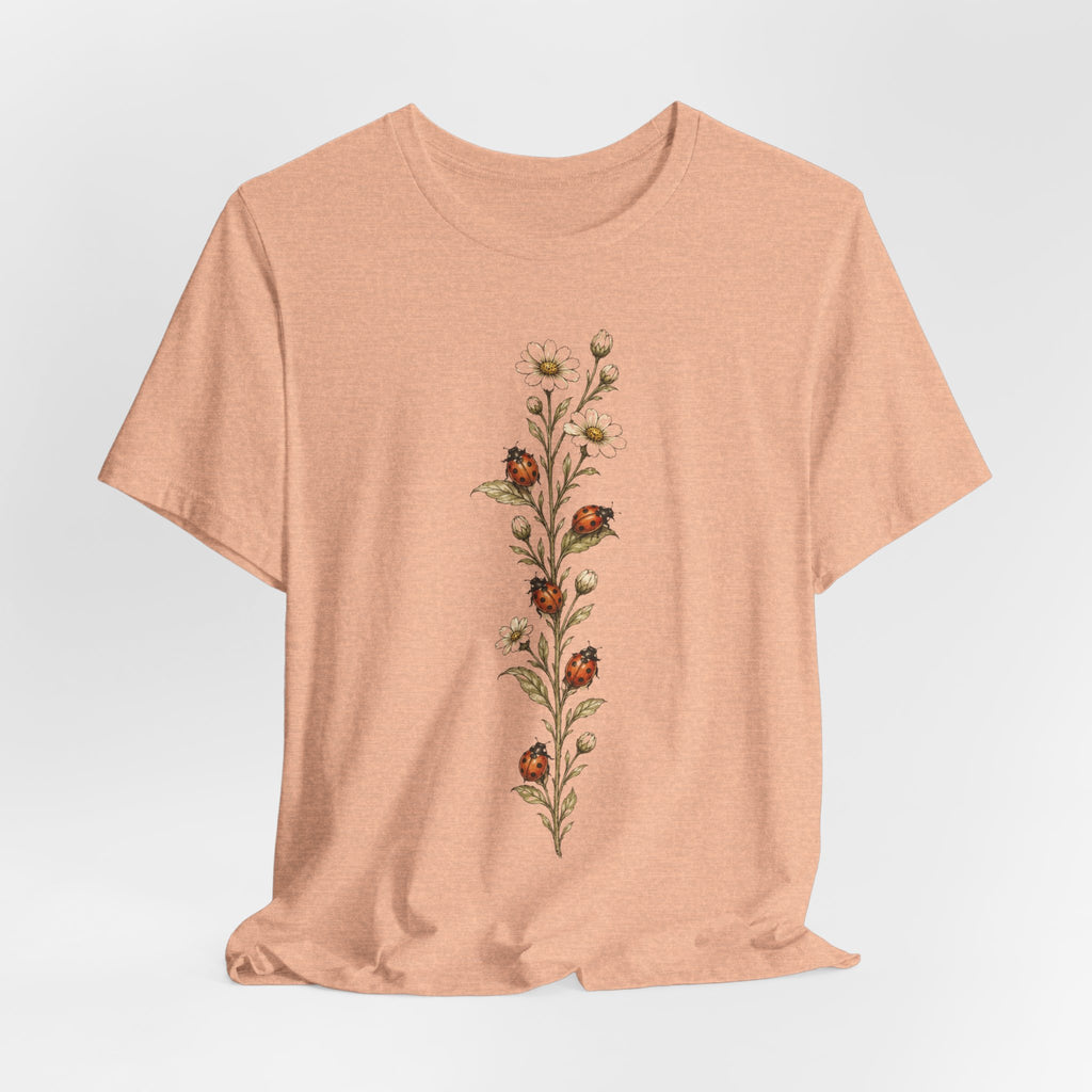 Ladybug Daisy Vine Botanical Tee in Heather Peach - vintage ladybug botanical daisy vine shirt, Barely Outdoorsy Bella Canvas 3001