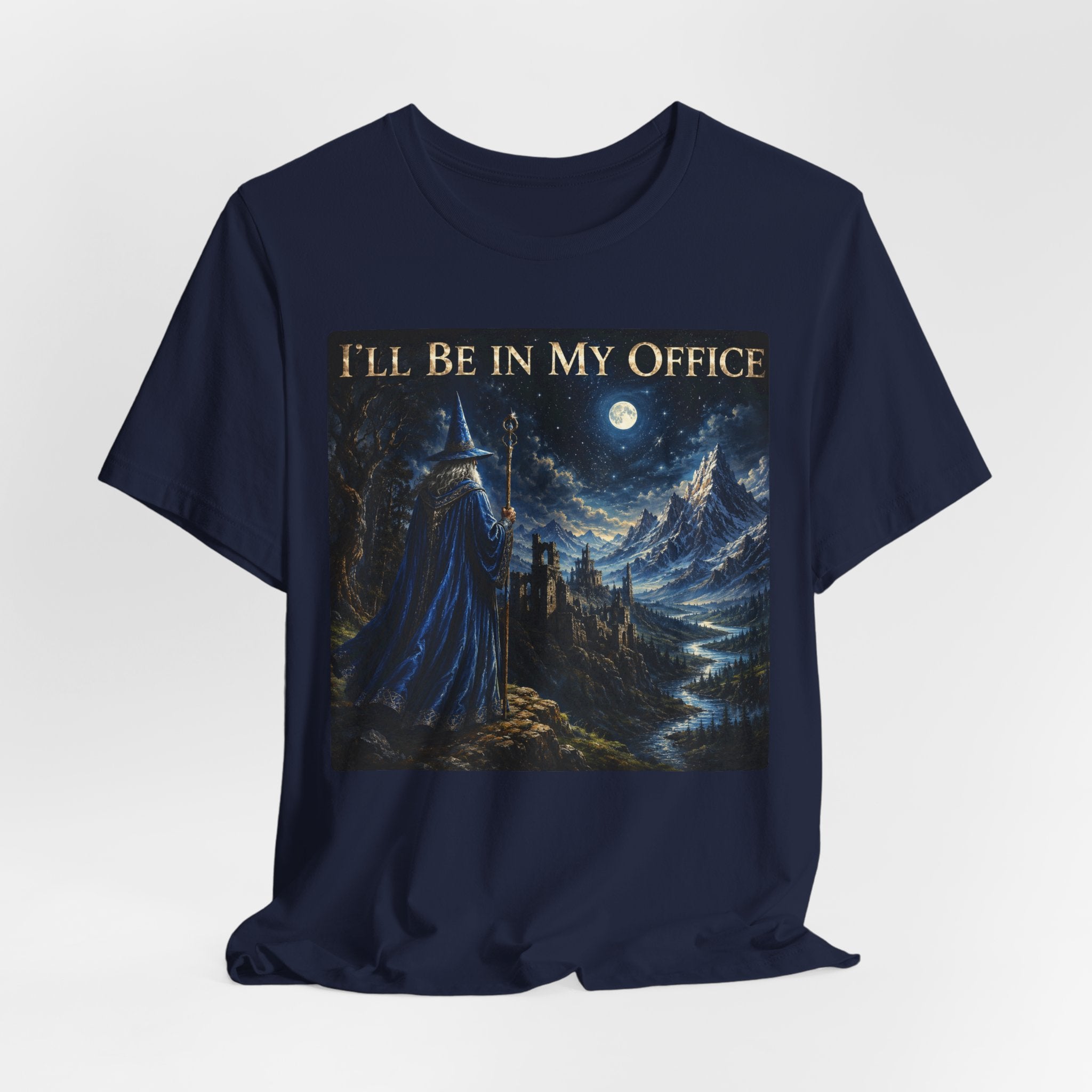 I'll Be In My Office Wizard Tee in Maroon - fantasy wizard castle kingdom cliff scene shirt, Barely Outdoorsy