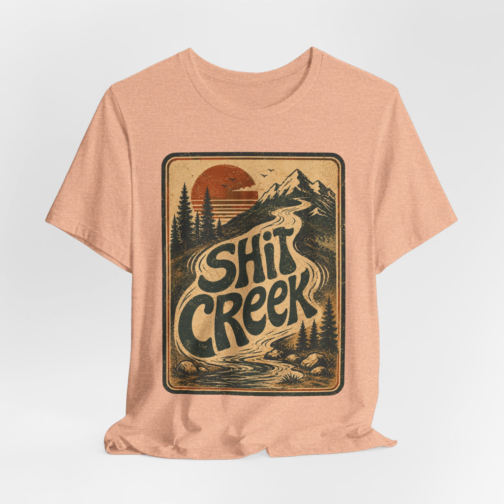 Shit Creek Retro Mountain Tee in Heather True Royal - funny hiking shit creek humor shirt, Barely Outdoorsy Bella Canvas 3001