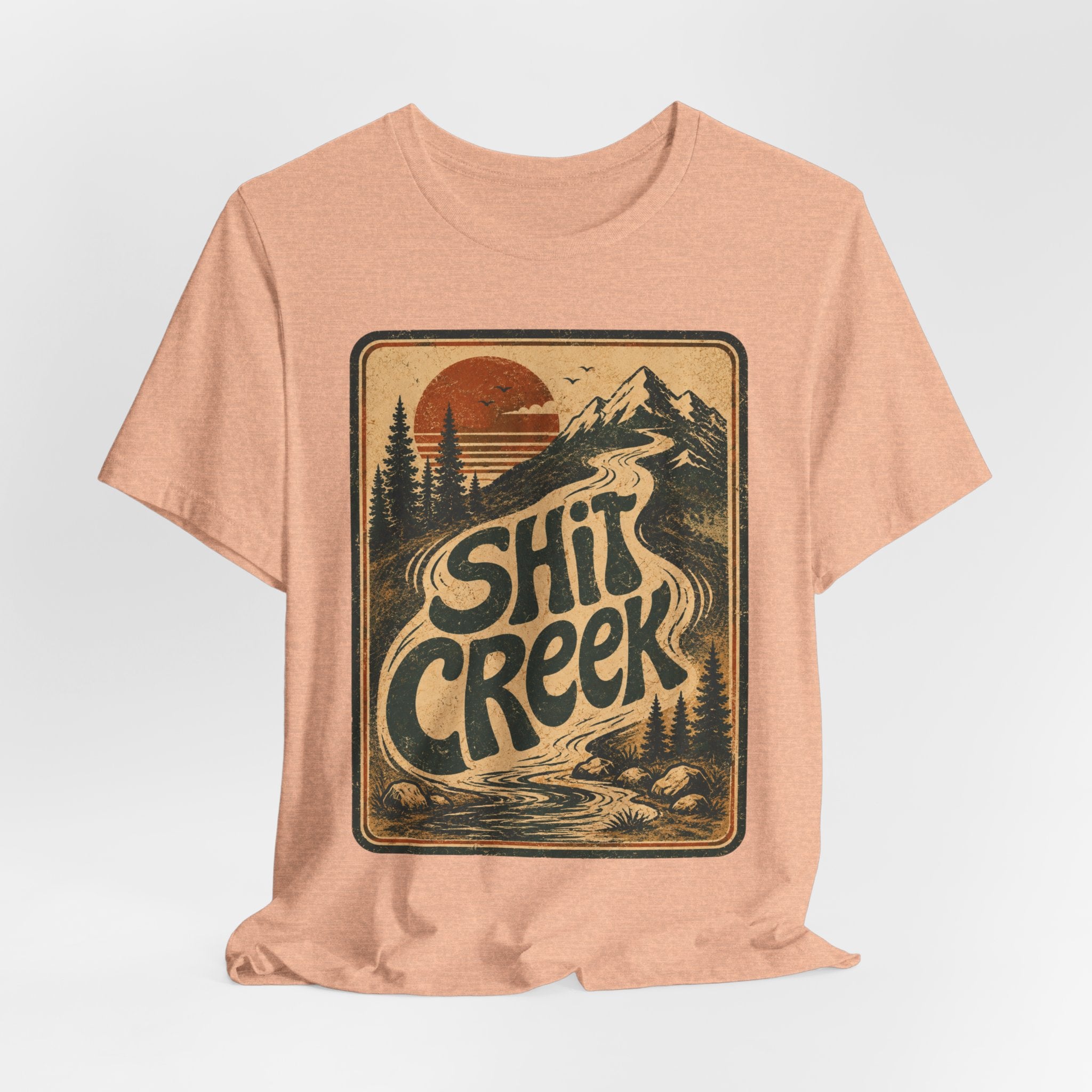 Shit Creek Retro Mountain Tee in Heather True Royal - funny hiking shit creek humor shirt, Barely Outdoorsy Bella Canvas 3001