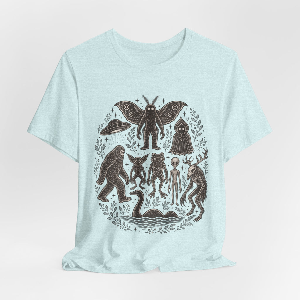 Legendary Cryptid Roster Tee in Heather Prism Ice Blue - funny cryptid humor shirt, Barely Outdoorsy Bella Canvas