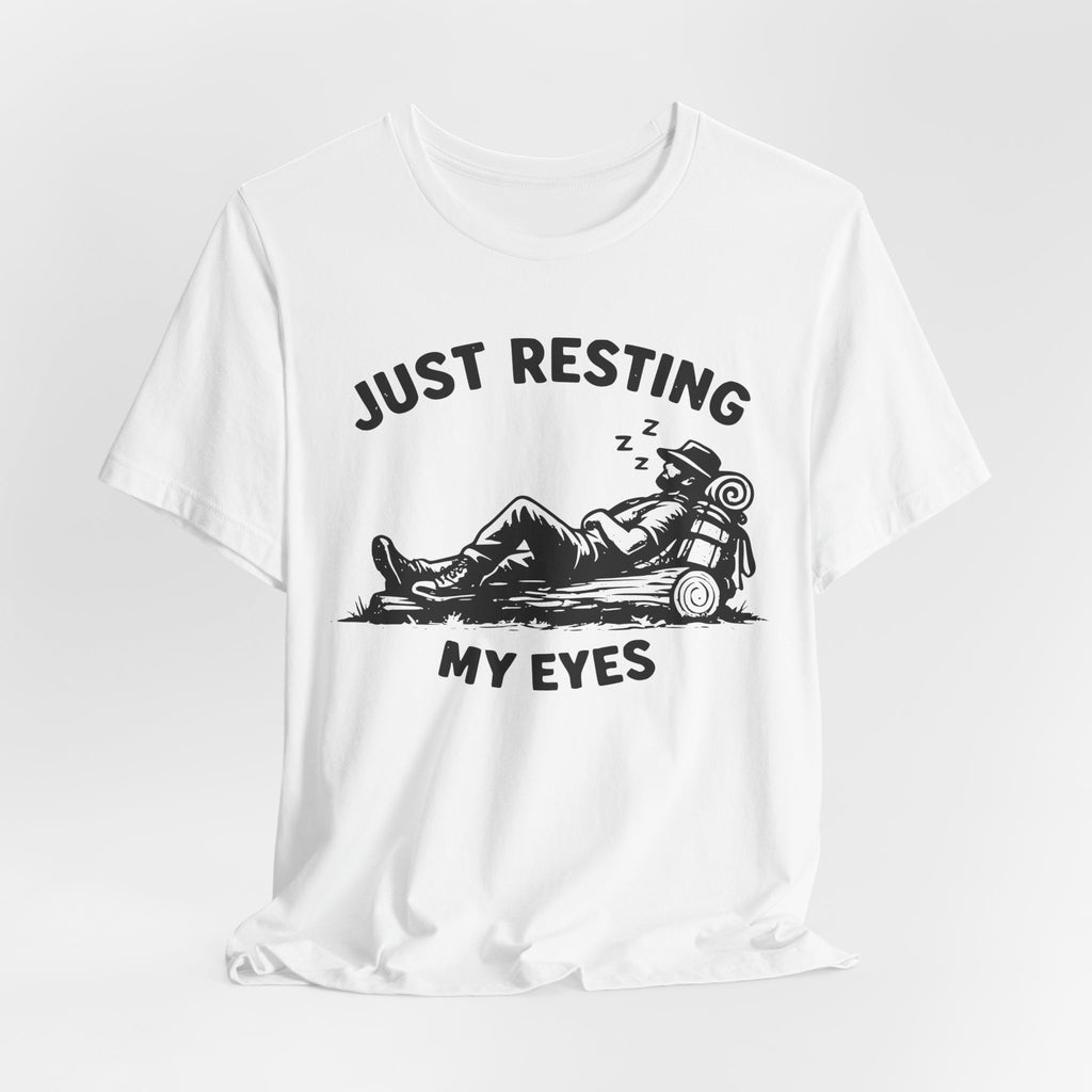 Just Resting My Eyes Funny Hiking T-Shirt in Athletic Heather - funny trail nap hiking humor graphic tee, Barely Outdoorsy Bella Canvas 3001