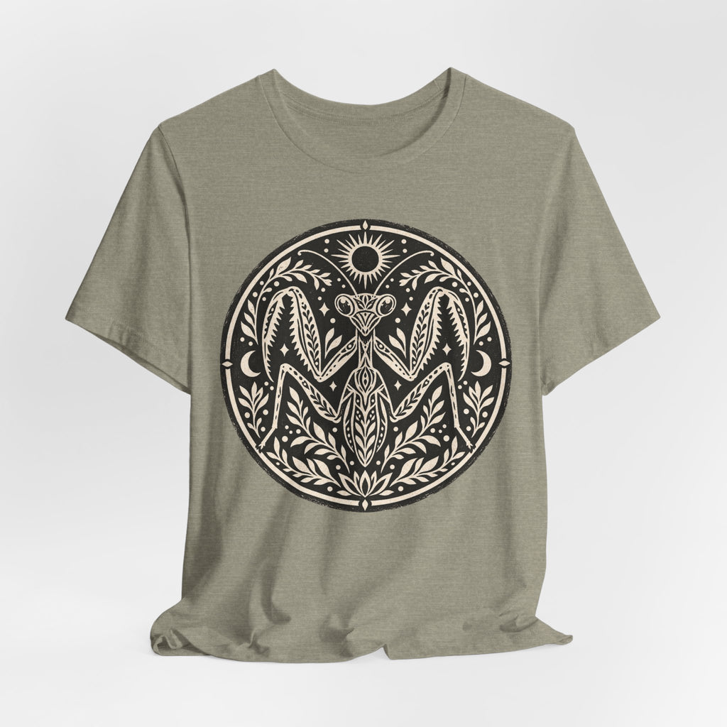 Celestial Praying Mantis T-Shirt in Heather Brown - witchy celestial moon praying mantis bug graphic tee, Barely Outdoorsy