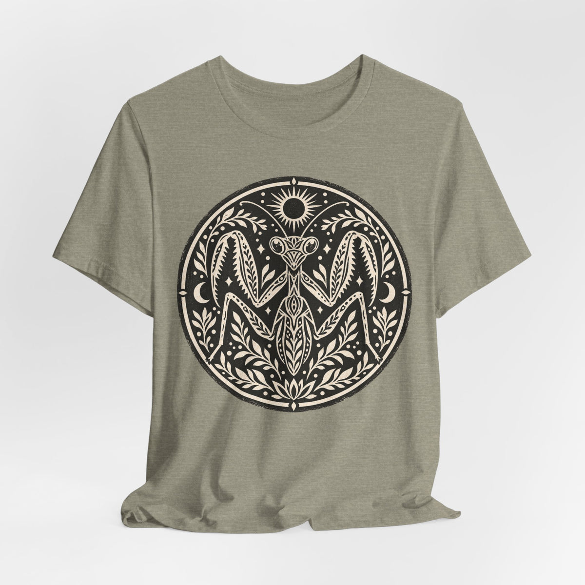 Celestial Praying Mantis T-Shirt in Heather Brown - witchy celestial moon praying mantis bug graphic tee, Barely Outdoorsy