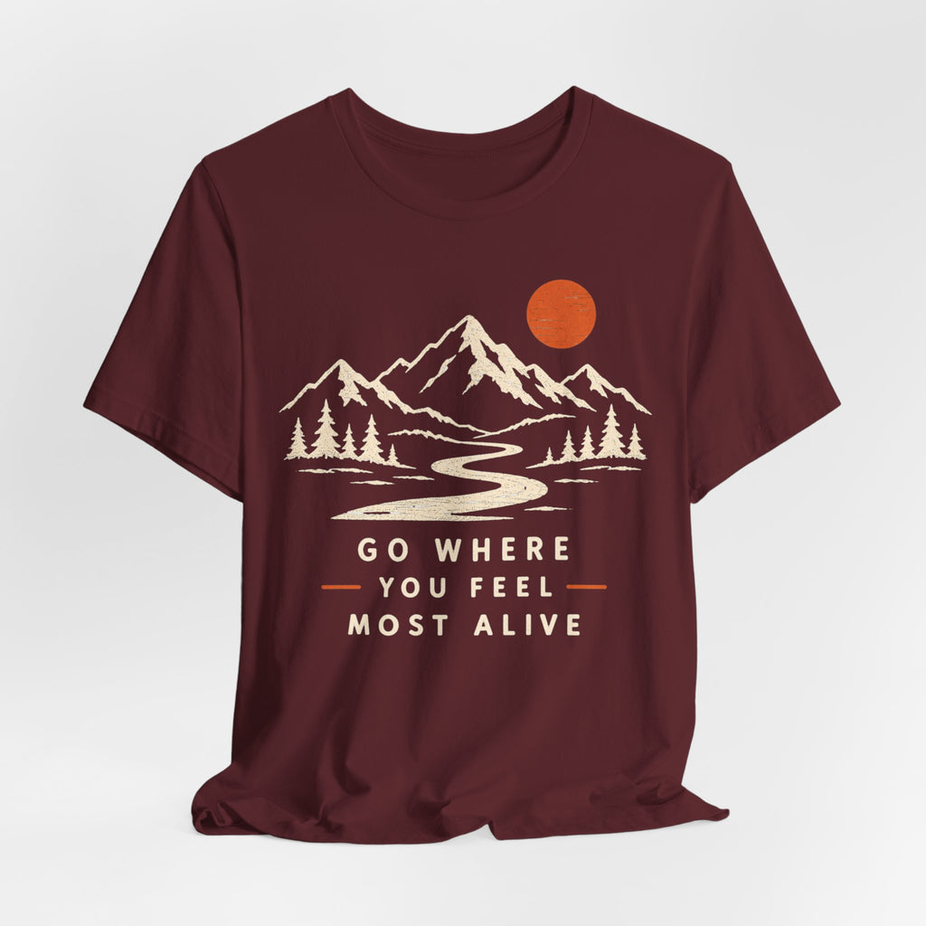 Go Where You Feel Most Alive Tee in Black Heather - retro hiking adventure shirt, Barely Outdoorsy Bella Canvas 3001