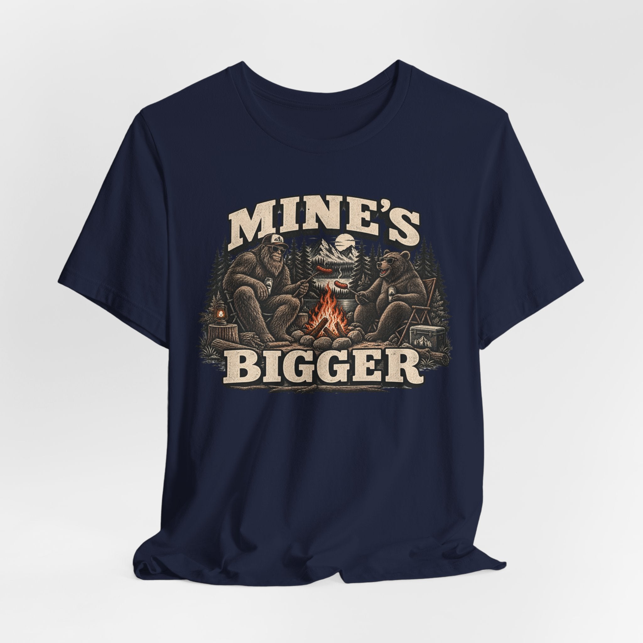 Mine's Bigger Bigfoot Tee in Brown - funny Sasquatch campfire humor shirt, Barely Outdoorsy Bella Canvas 3001