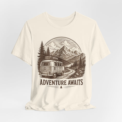 Adventure Awaits T-Shirt in Athletic Heather - vintage sepia etching camper van mountain graphic tee, Barely Outdoorsy Bella Canvas 3001