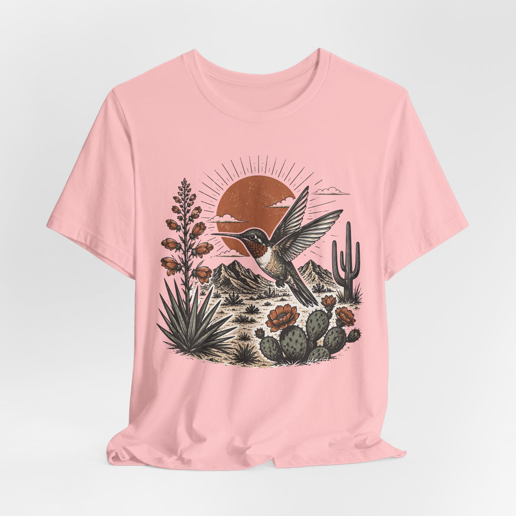 Sunset Hummingbird Desert Tee in Heather Ice Blue - bold hummingbird sunset Southwest shirt, Barely Outdoorsy Bella Canvas