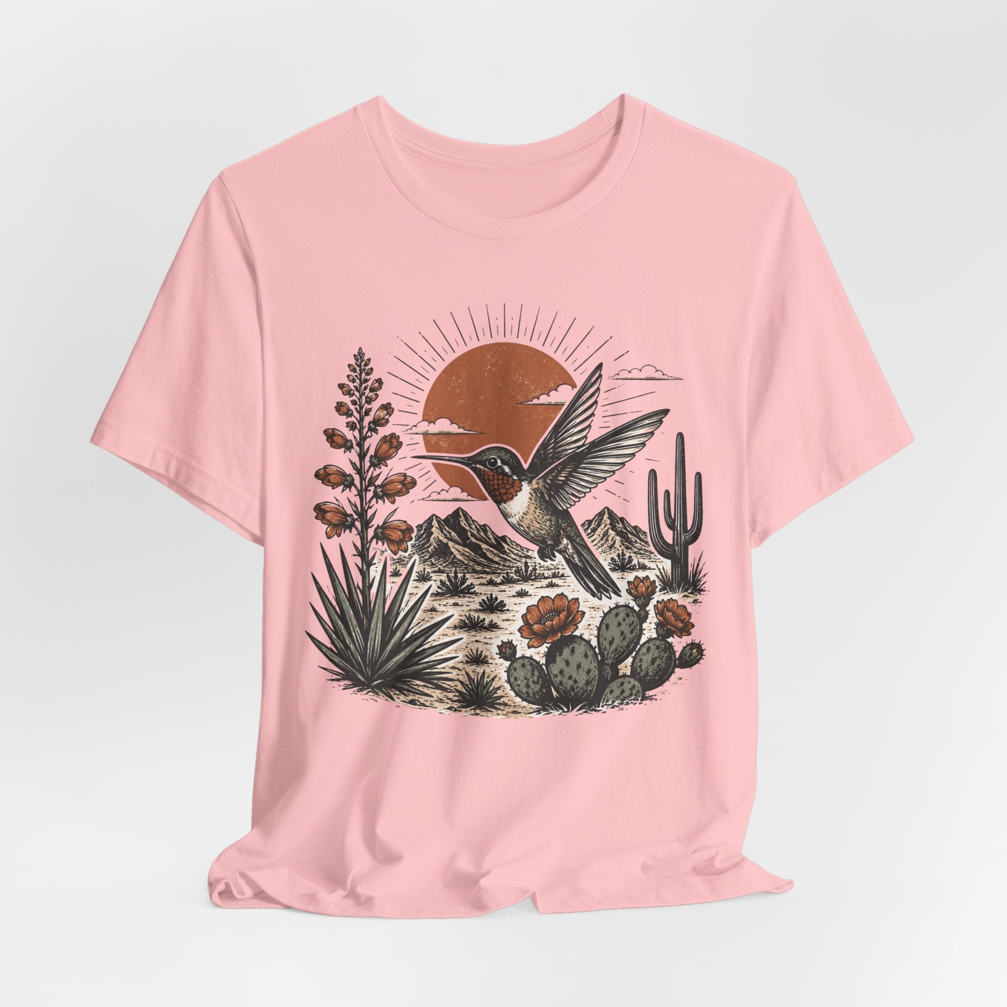Sunset Hummingbird Desert Tee in Heather Ice Blue - bold hummingbird sunset Southwest shirt, Barely Outdoorsy Bella Canvas