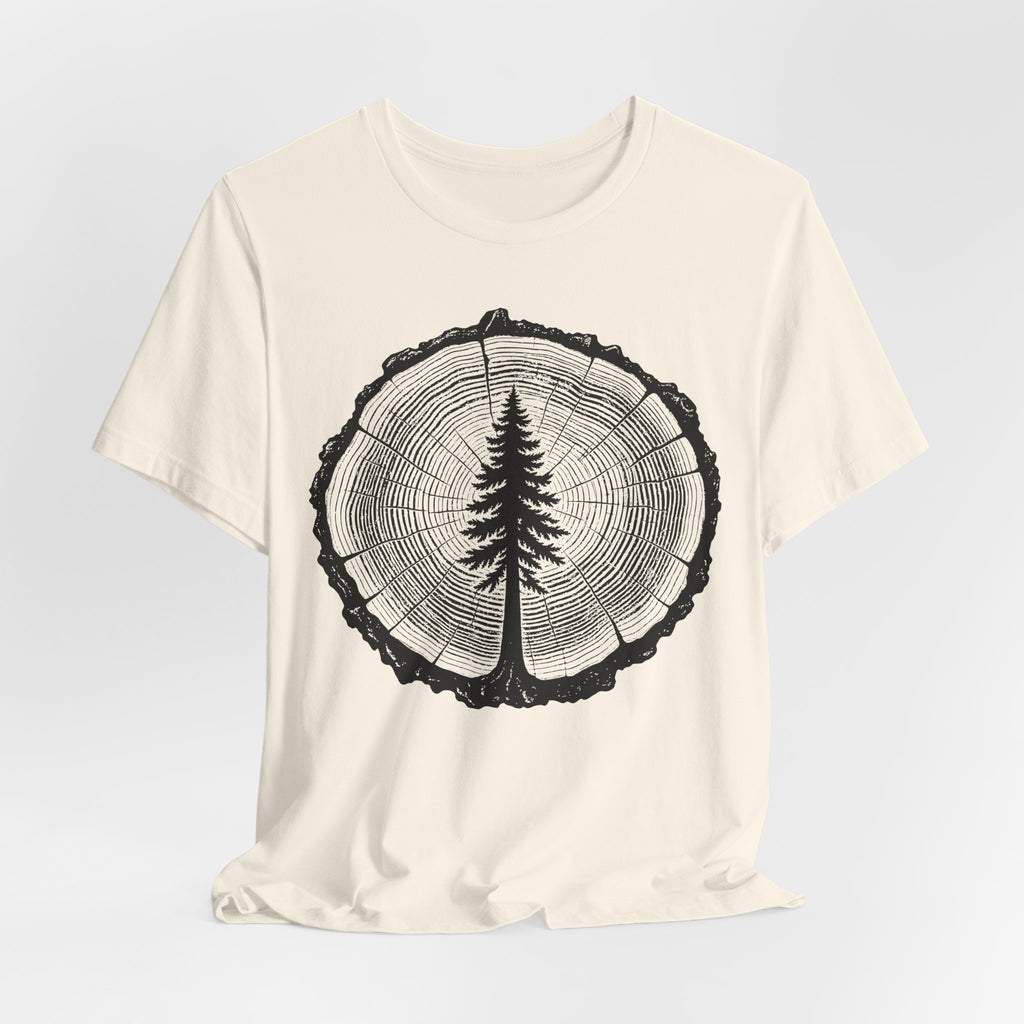 Tree Rings Pine Silhouette Tee in Heather Peach - tree rings pine forest shirt, Barely Outdoorsy Bella Canvas 3001