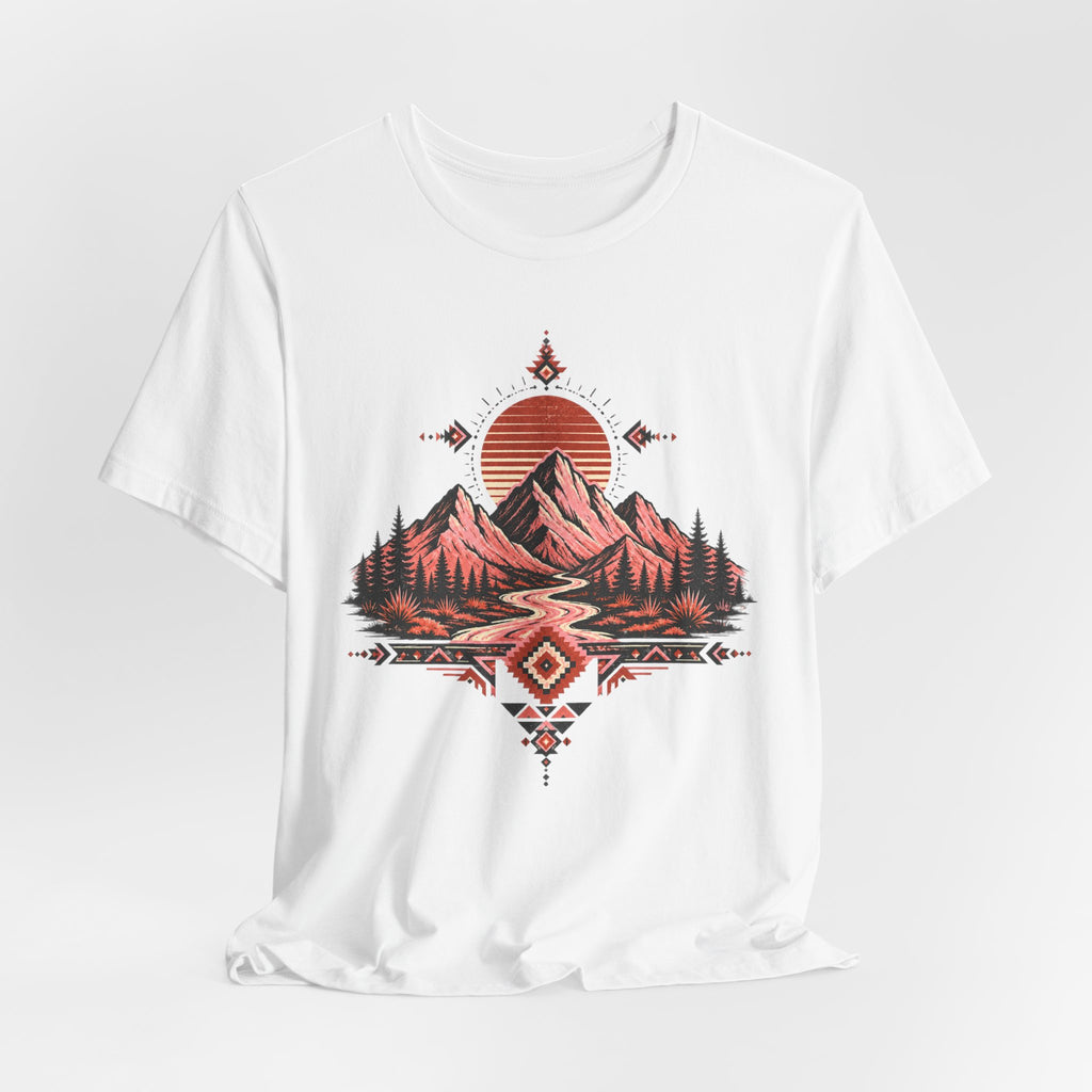Southwest Mountain Sunset T-Shirt in Athletic Heather - bold desert mountain sunset graphic tee, Barely Outdoorsy Bella Canvas 3001
