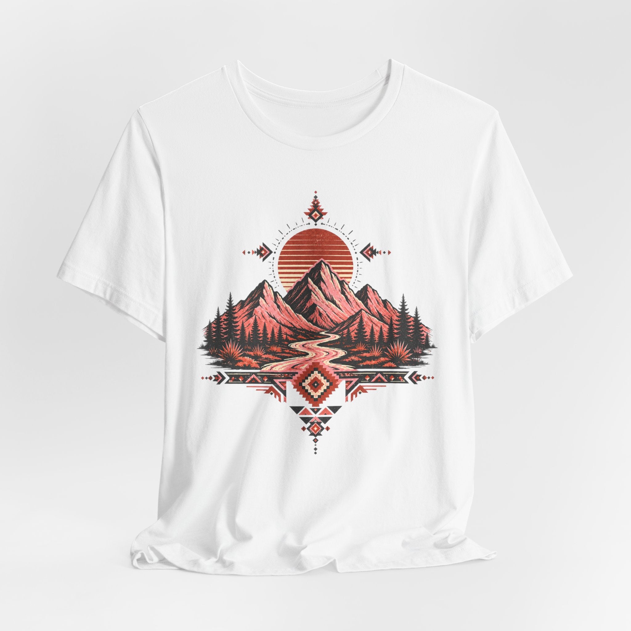 Southwest Mountain Sunset T-Shirt in Athletic Heather - bold desert mountain sunset graphic tee, Barely Outdoorsy Bella Canvas 3001