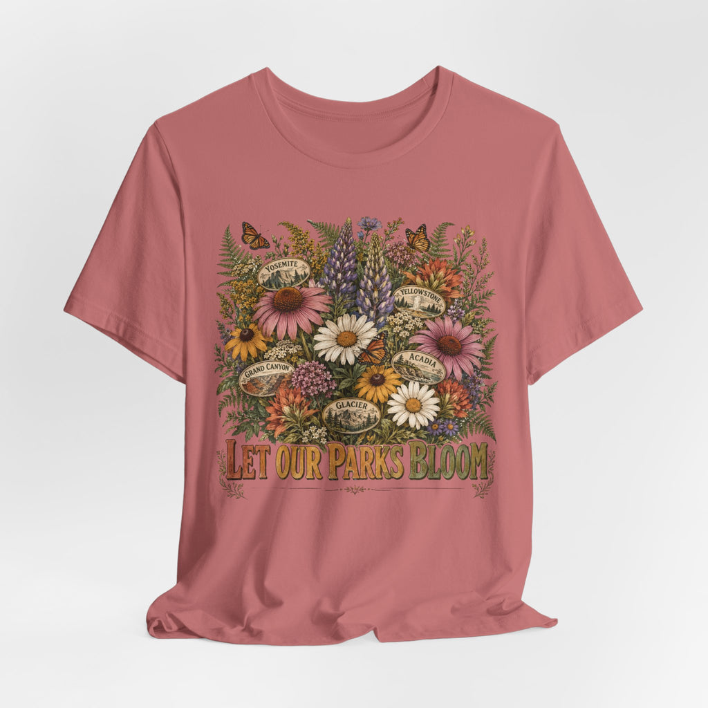 Let Our Parks Bloom Tee flat lay Dark Grey Heather - unisex crew neck national parks botanical graphic tee, Barely Outdoorsy