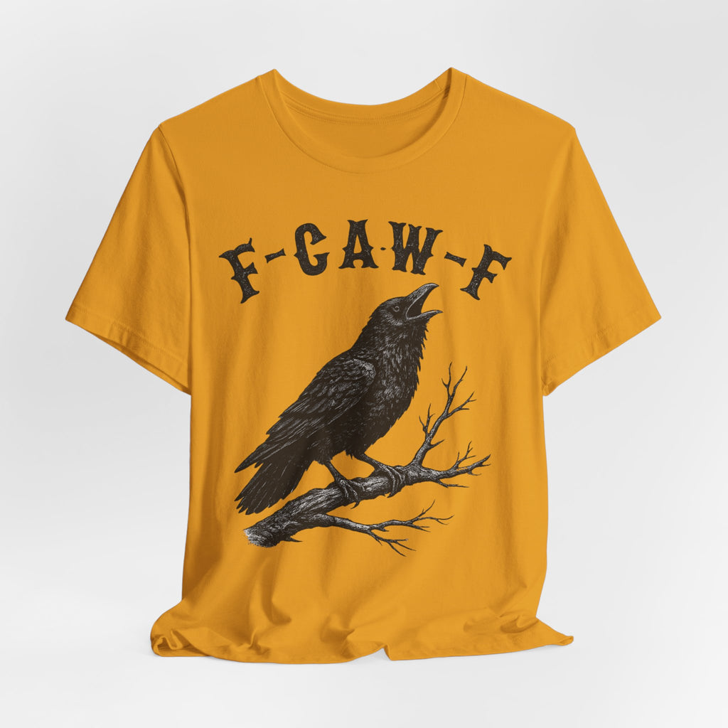 F-CAW-F Crow Tee in Heather Peach - funny crow blackletter pun shirt, Barely Outdoorsy Bella Canvas