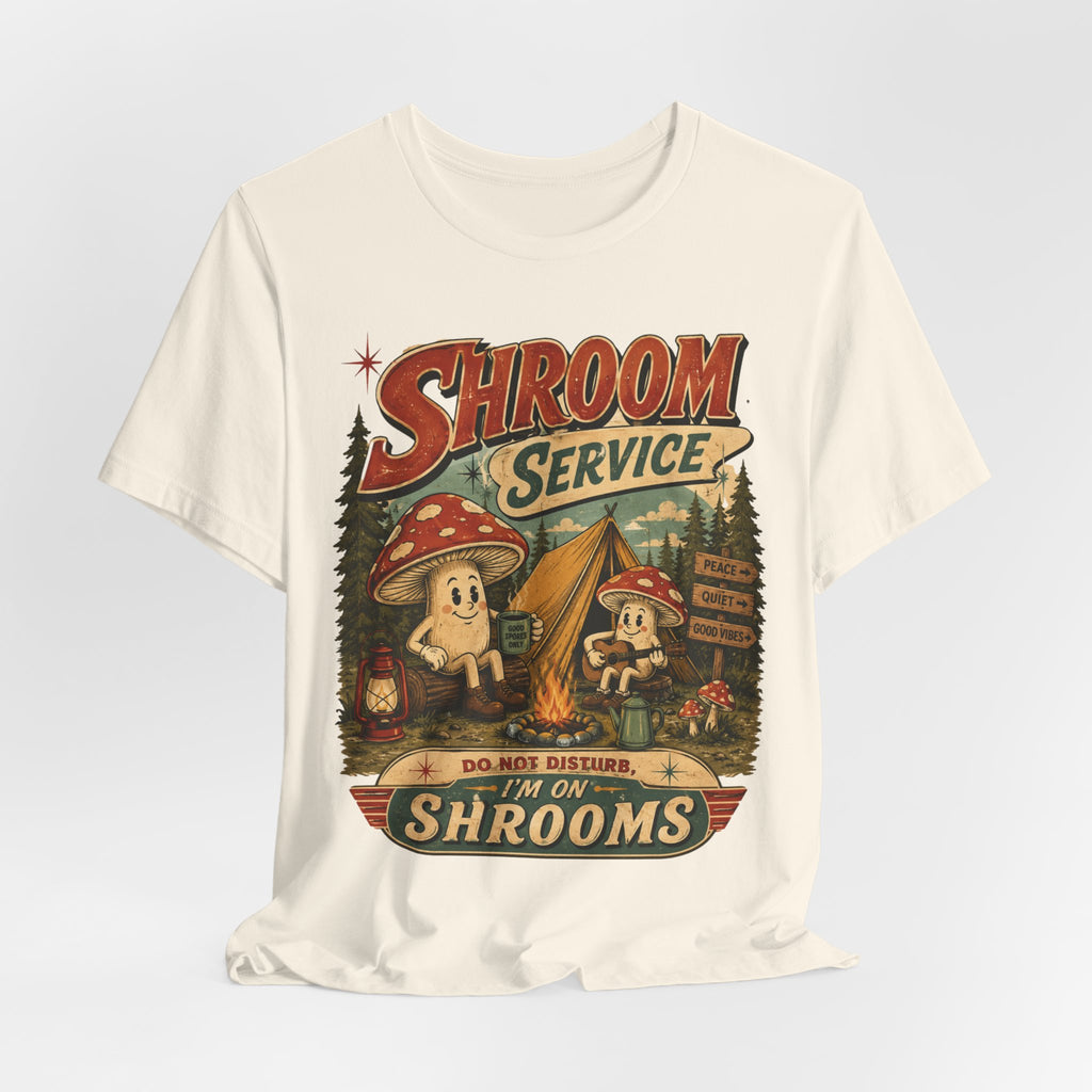 Shroom Service Tee in Navy - funny mushroom camping mug guitar cartoon shirt, Barely Outdoorsy