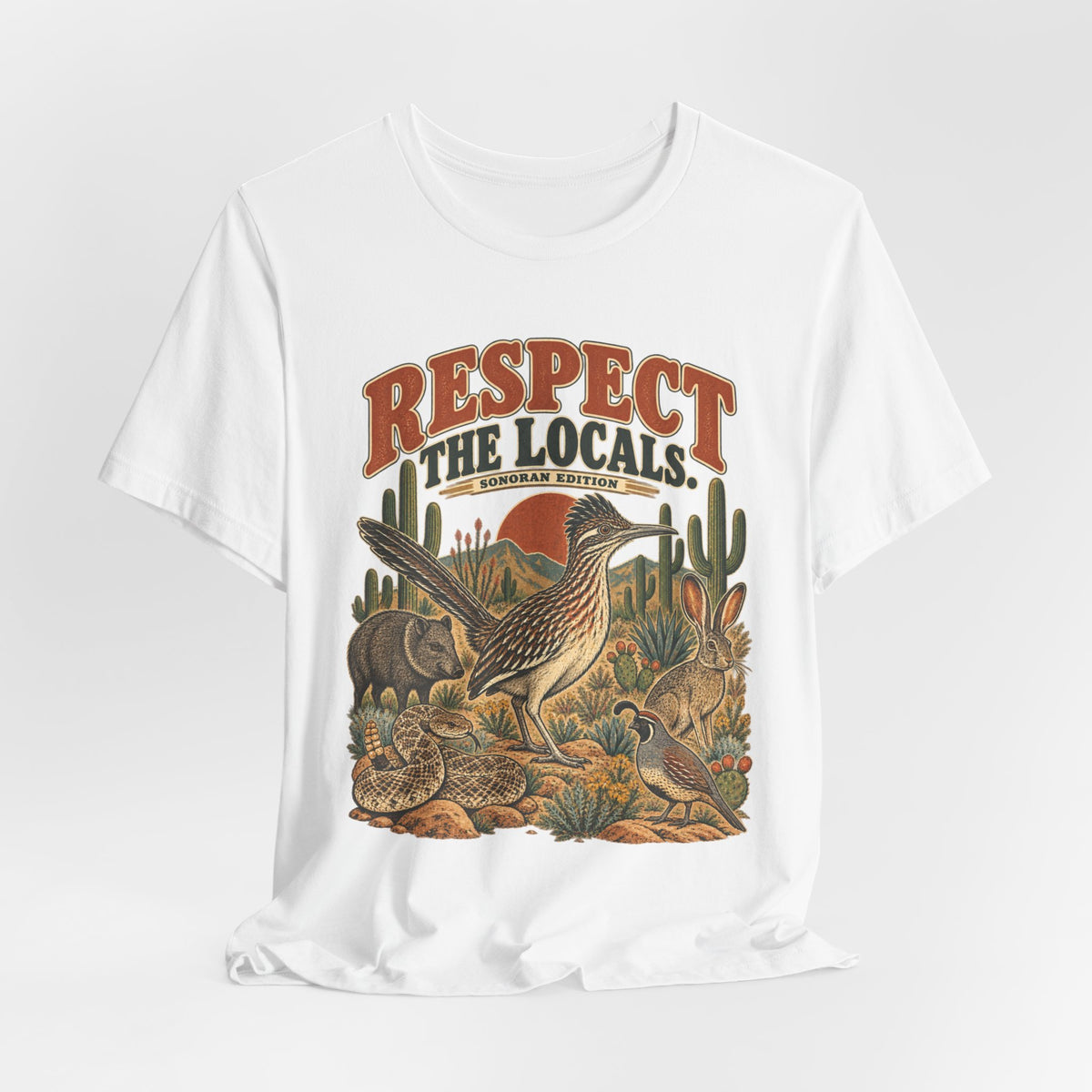 Respect The Locals Sonoran Desert Tee in Black Heather - funny desert wildlife humor shirt, Barely Outdoorsy Bella Canvas