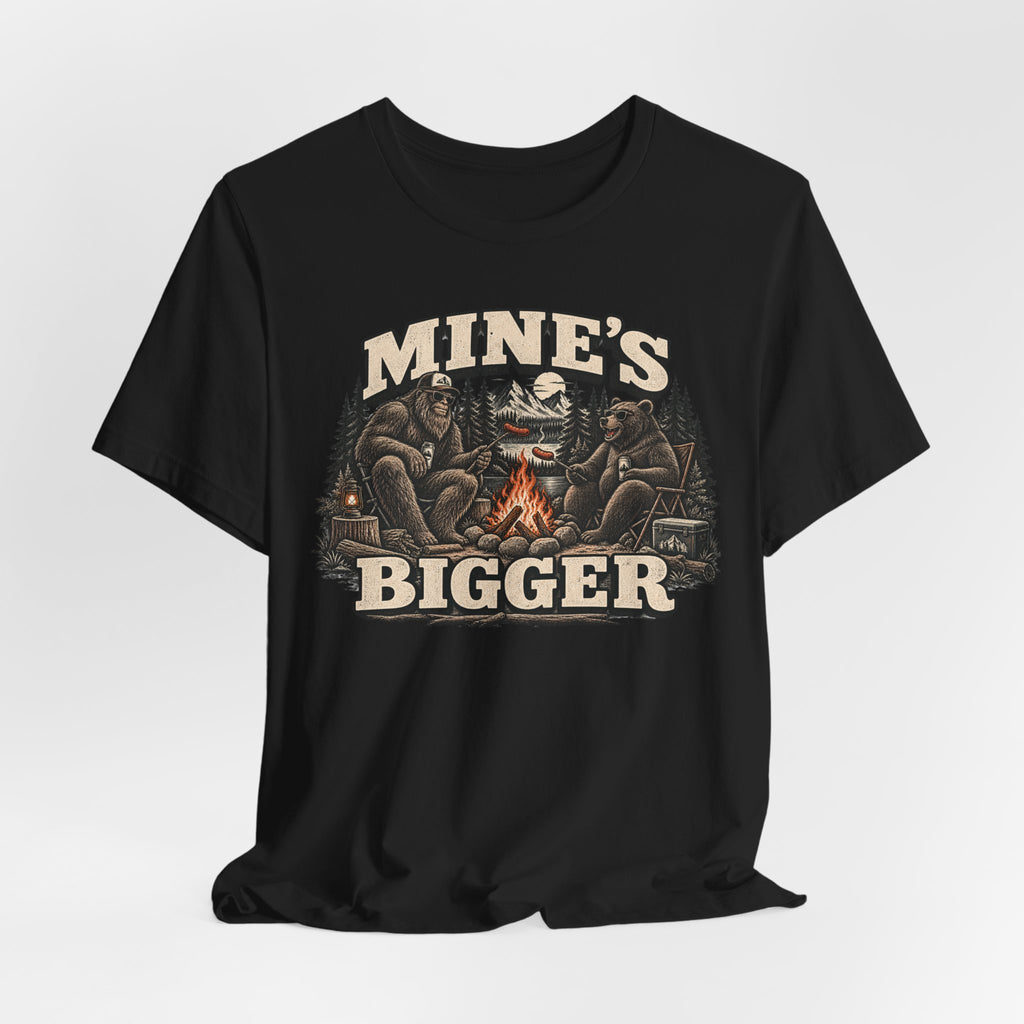 Mine's Bigger Bigfoot Tee in White - funny Sasquatch campfire shadow humor shirt, Barely Outdoorsy Bella Canvas