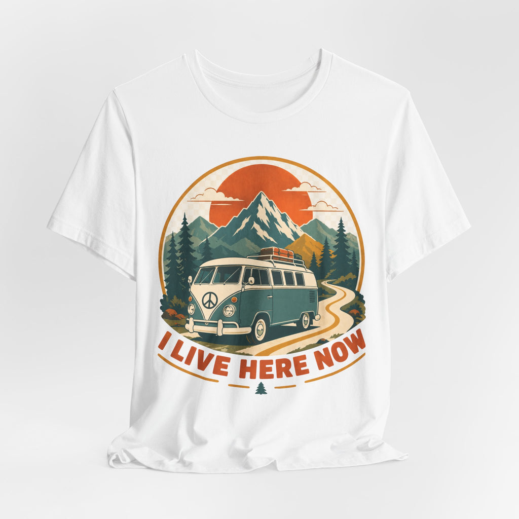 I Live Here Now T-Shirt in White - retro teal camper van peace sign graphic tee, Bella Canvas 3001