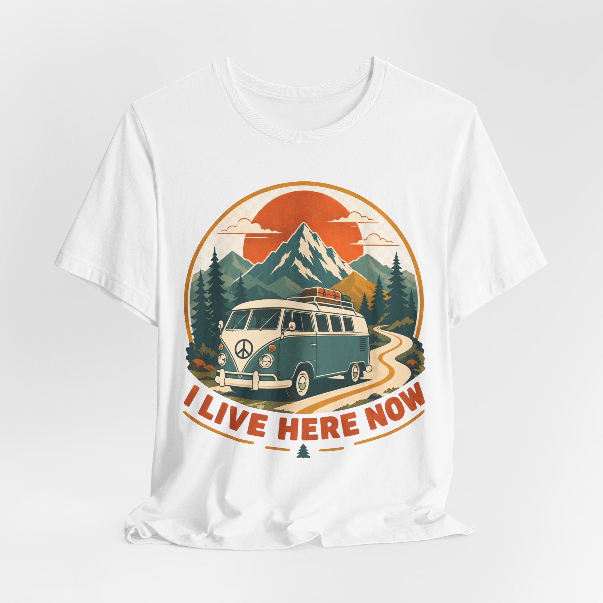 I Live Here Now T-Shirt in White - retro teal camper van peace sign graphic tee, Bella Canvas 3001