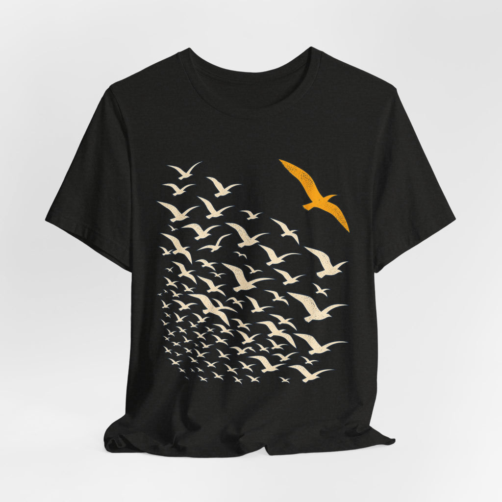 Break From the Flock Bird T-Shirt in Dark Grey Heather - funny bird break from the flock introvert graphic tee, Barely Outdoorsy Bella Canvas 3001