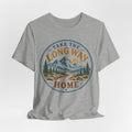 Take The Long Way Home Mountain T-Shirt in Athletic Heather - retro mountain hiking trail graphic tee, Barely Outdoorsy Bella Canvas 3001