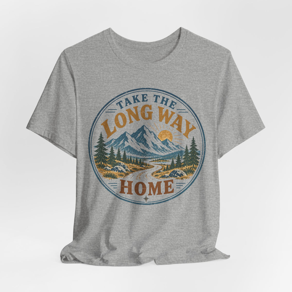 Take The Long Way Home Mountain T-Shirt in Athletic Heather - retro mountain hiking trail graphic tee, Barely Outdoorsy Bella Canvas 3001