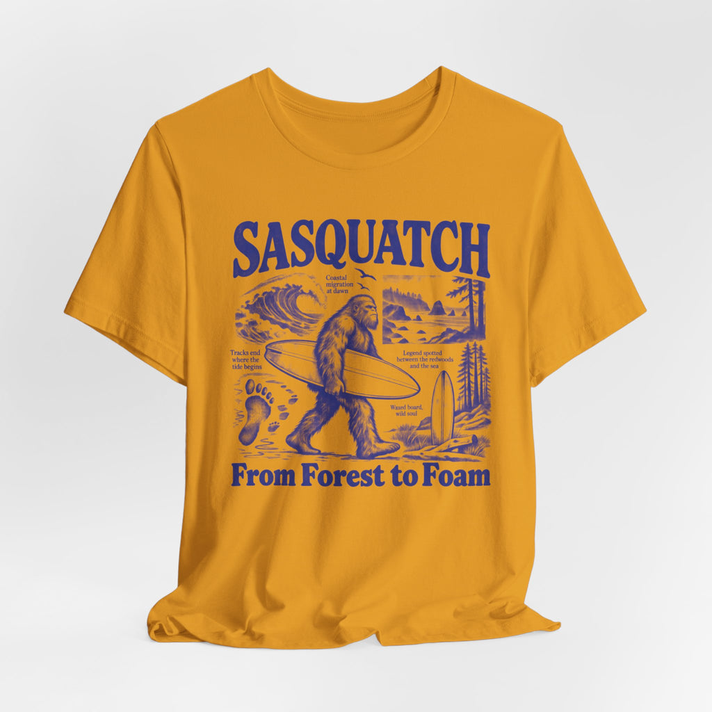 Sasquatch From Forest to Foam T-Shirt in Heather Tan - funny Sasquatch surf graphic tee, Barely Outdoorsy Bella Canvas