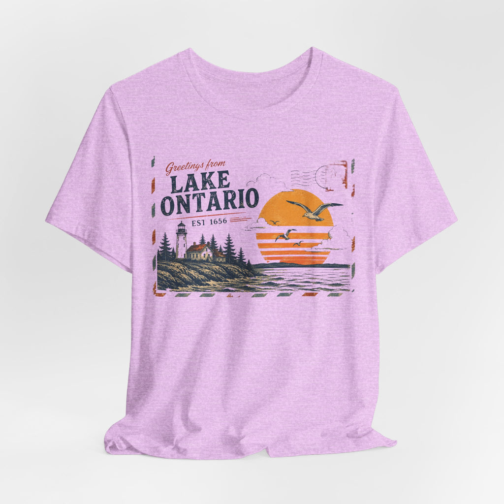Lake Ontario Vintage Postcard Tee in Heather Ice Blue - retro Lake Ontario Great Lakes shirt, Barely Outdoorsy Bella Canvas 3001