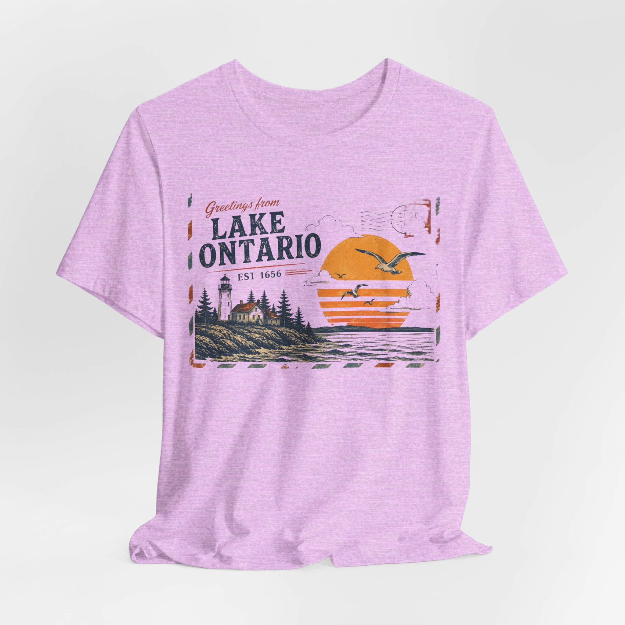 Lake Ontario Vintage Postcard Tee in Heather Ice Blue - retro Lake Ontario Great Lakes shirt, Barely Outdoorsy Bella Canvas 3001