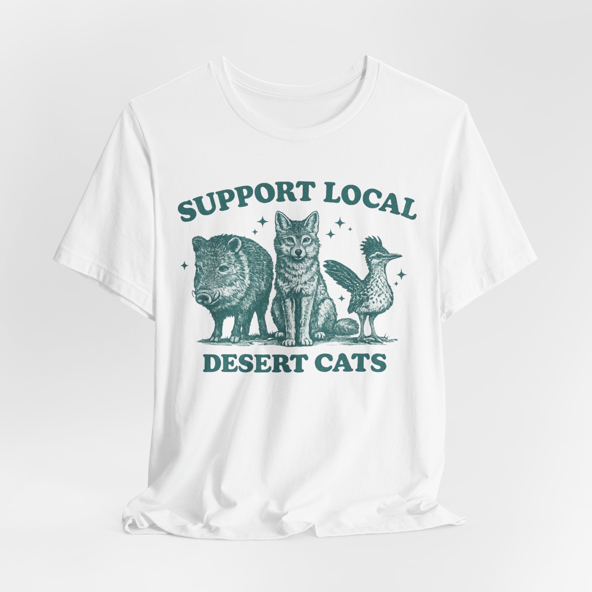 Support Local Desert Cats Tee in Heather Prism Lilac - Southwest wildlife humor etching shirt, Barely Outdoorsy Bella Canvas