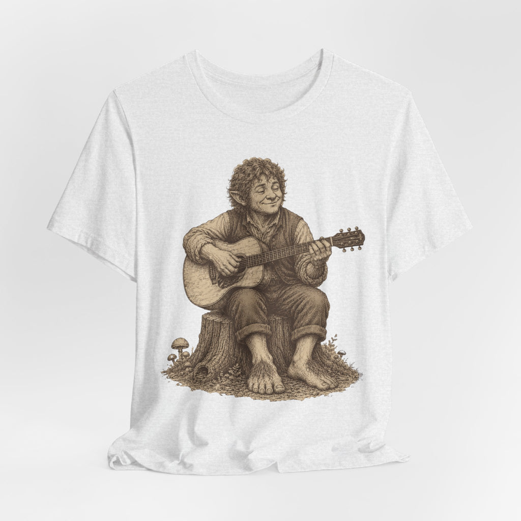 Halfling Guitar Tee in Brown - retro engraving halfling bard guitar unisex shirt, Barely Outdoorsy Bella Canvas