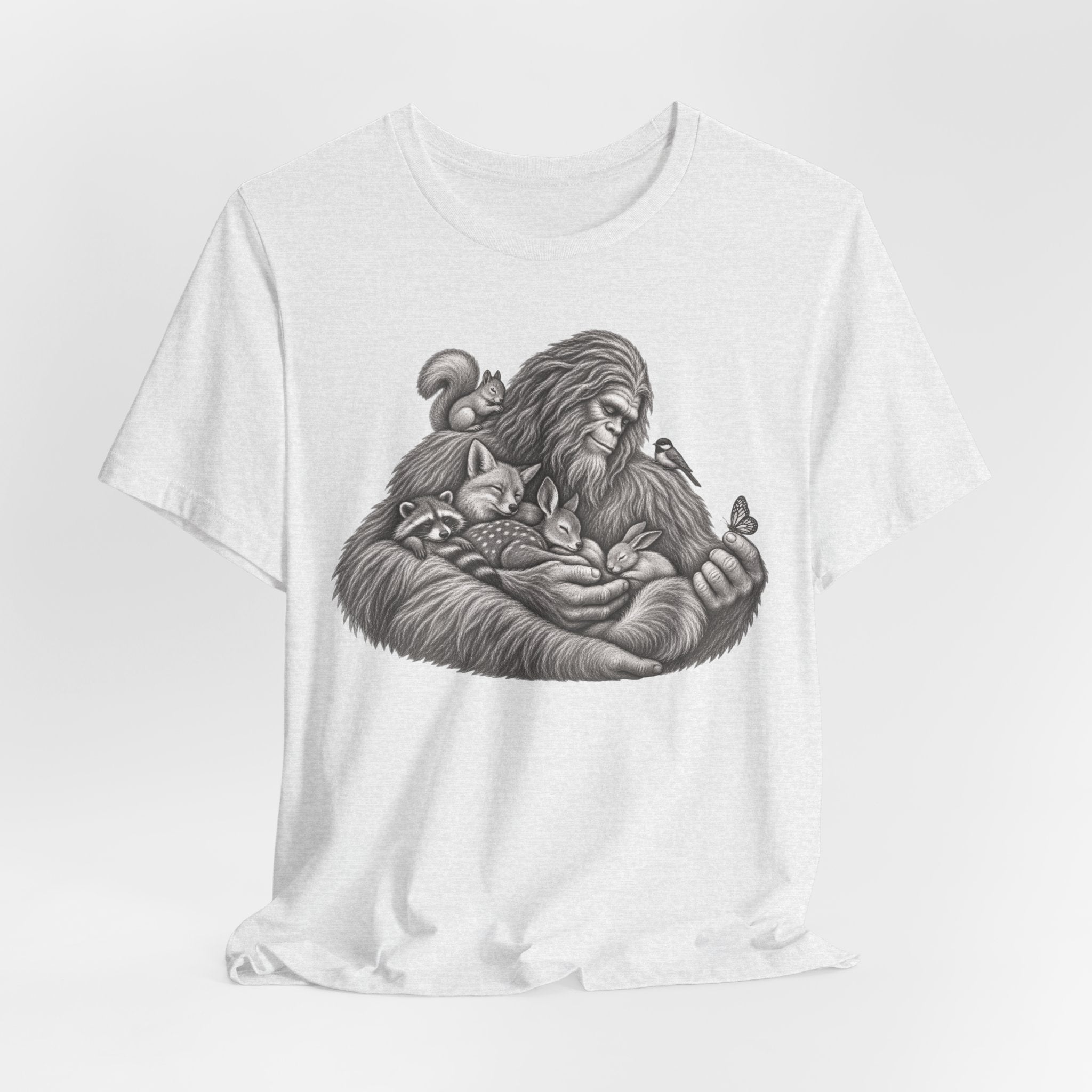 Guardian of the Forest Bigfoot T-Shirt in Heather Prism Lilac - painterly Bigfoot forest graphic tee, Barely Outdoorsy