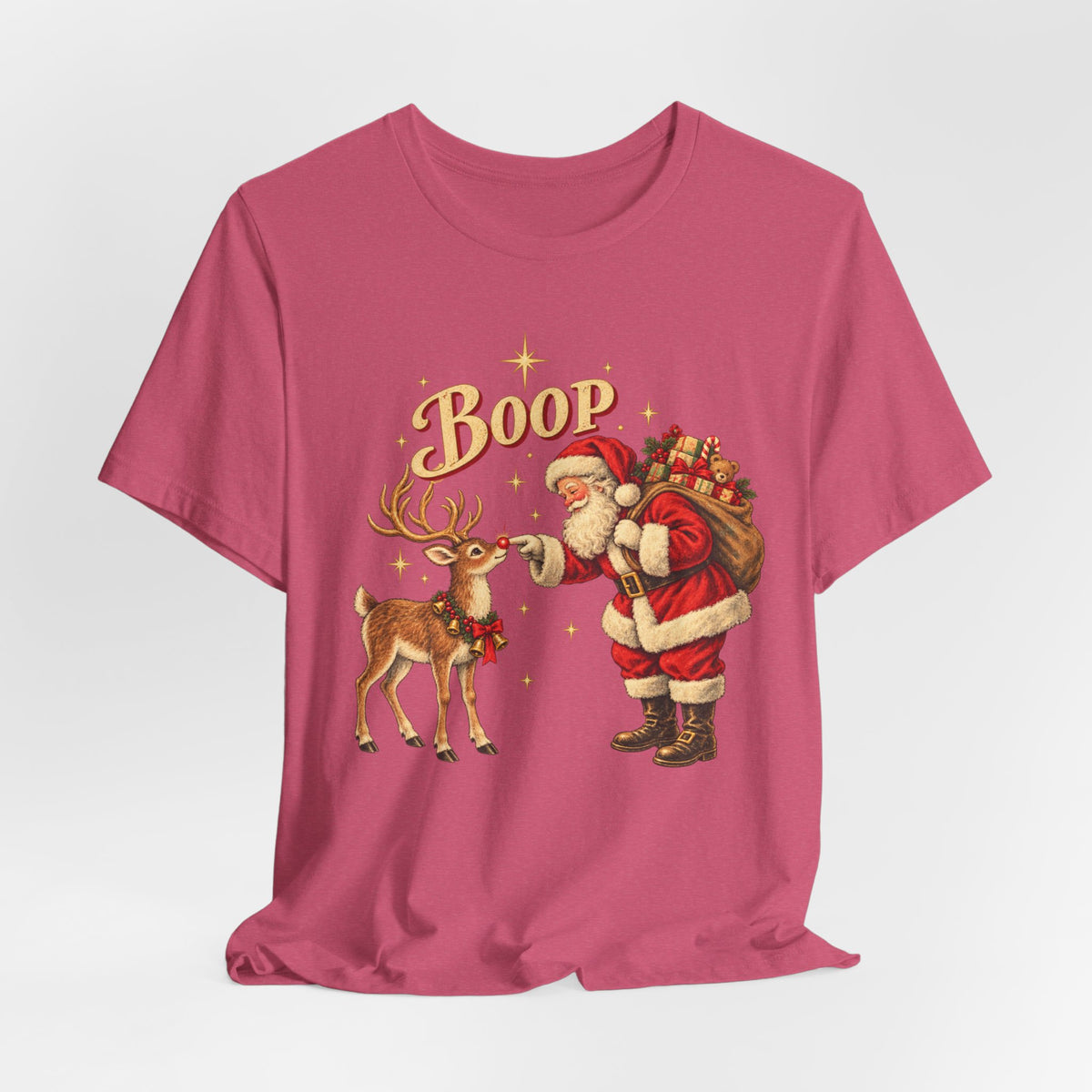 Santa Boop Reindeer Christmas T-Shirt in Heather Stone - funny Santa boop reindeer Christmas holiday graphic tee, Barely Outdoorsy