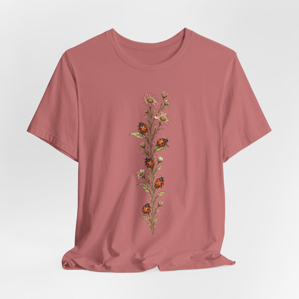 Ladybug Daisy Vine Botanical T-Shirt flat lay Dark Grey Heather - unisex crew neck botanical ladybug graphic tee, Barely Outdoorsy