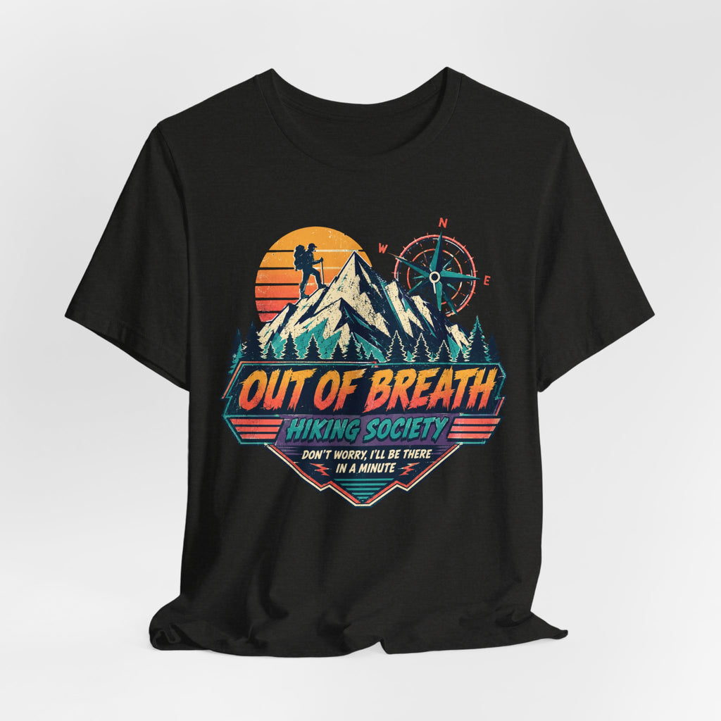 Out of Breath Hiking Society retro mountain badge t-shirt funny graphic tee BarelyOutdoorsy