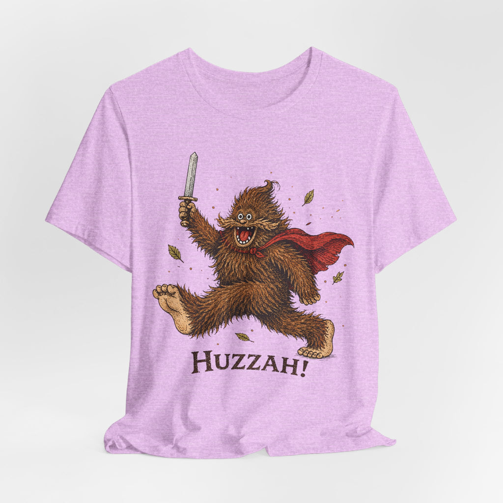 Huzzah Bigfoot Tee in White - funny Bigfoot huzzah medieval RPG humor shirt, Barely Outdoorsy