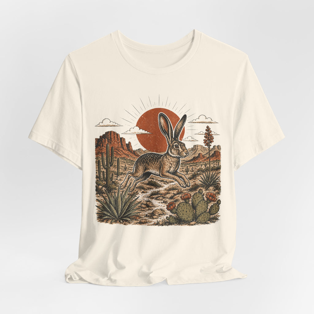 Desert Jackrabbit Sunset Tee in Heather True Royal - jackrabbit desert sunset saguaro shirt, Barely Outdoorsy