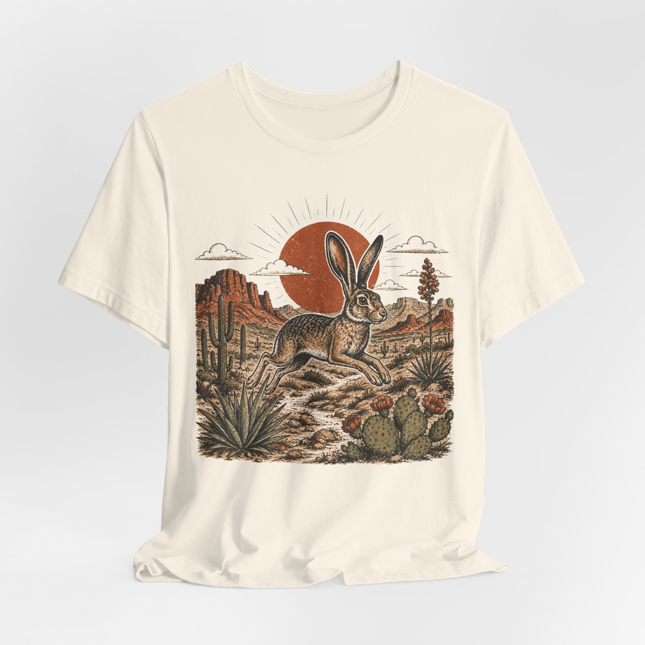 Desert Jackrabbit Sunset Tee in Heather True Royal - jackrabbit desert sunset saguaro shirt, Barely Outdoorsy