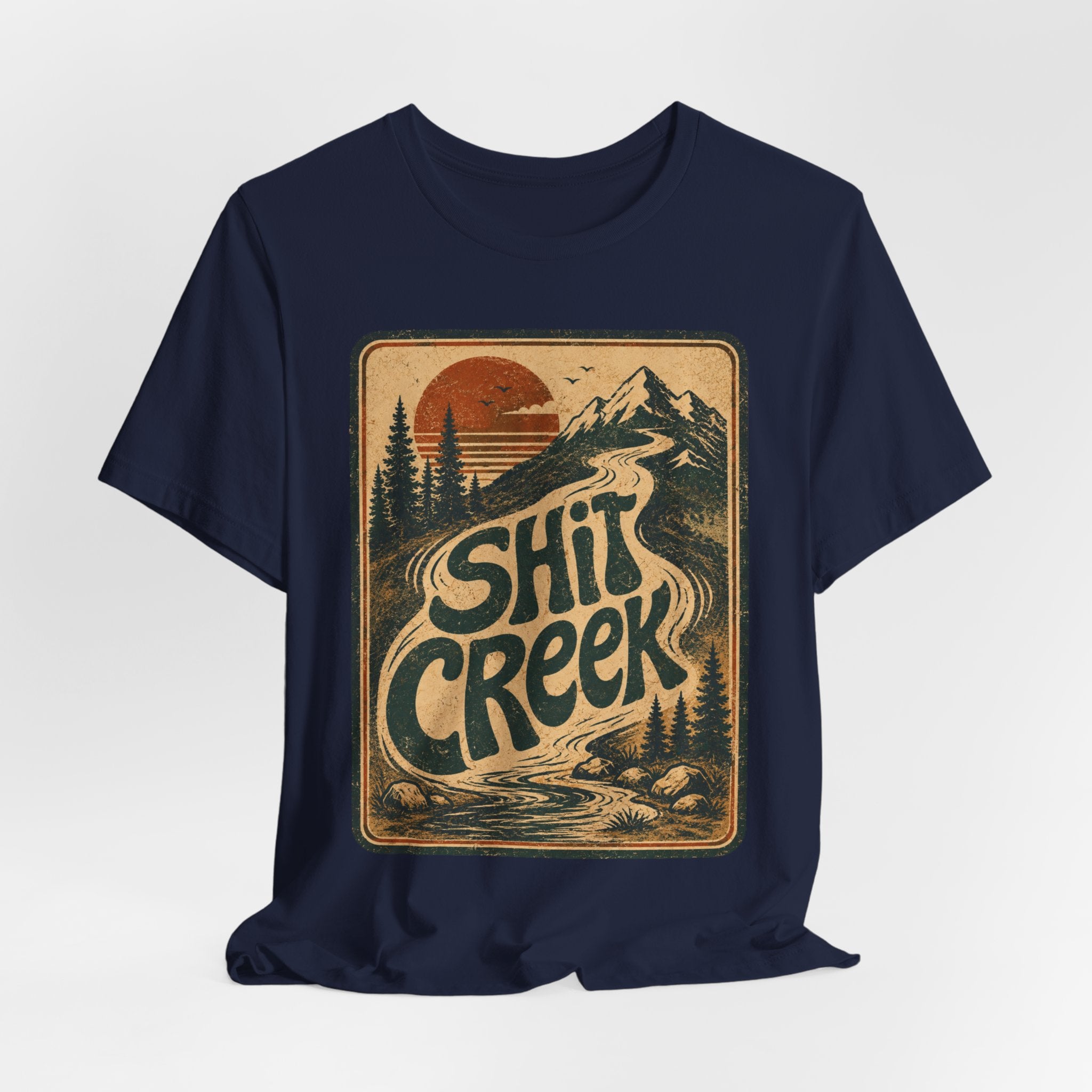 Shit Creek Retro Mountain Tee in Brown - funny hiking shit creek humor shirt, Barely Outdoorsy Bella Canvas 3001