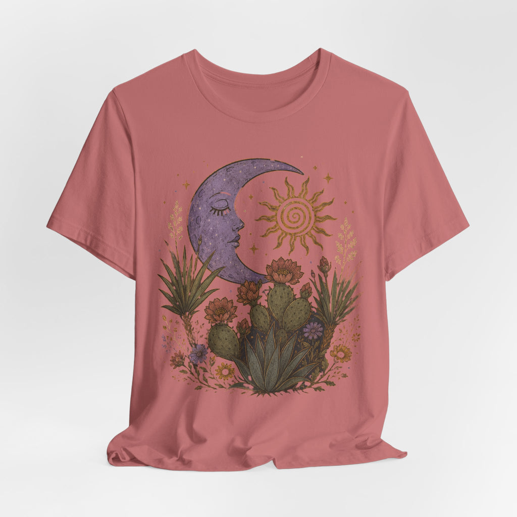 Desert Moon and Sun Celestial Botanical T-Shirt flat lay Dark Grey Heather - unisex crew neck celestial desert graphic tee, Barely Outdoorsy